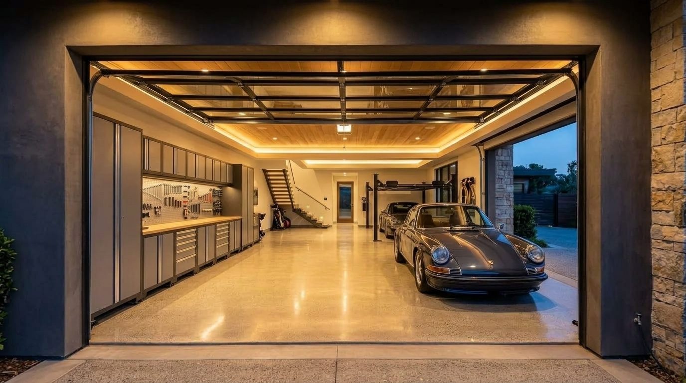 Hussain Garage Door Services Interior View of Custom Garage Door Overhead and Workshop